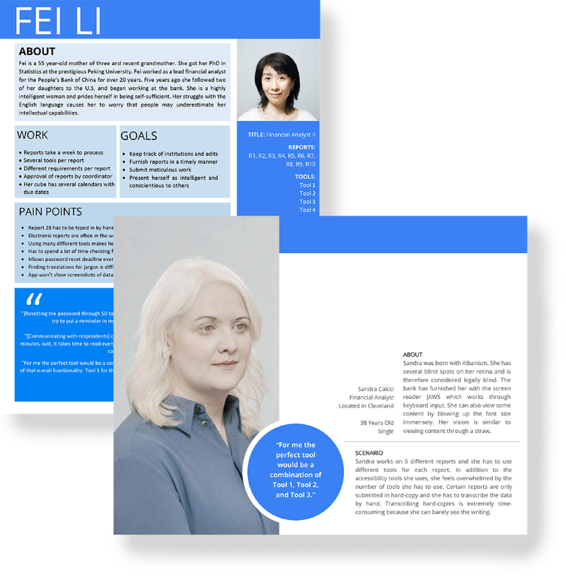 Sample of two personas for financial analysts. One persona with an accessibility scenario of needing a screen reader.