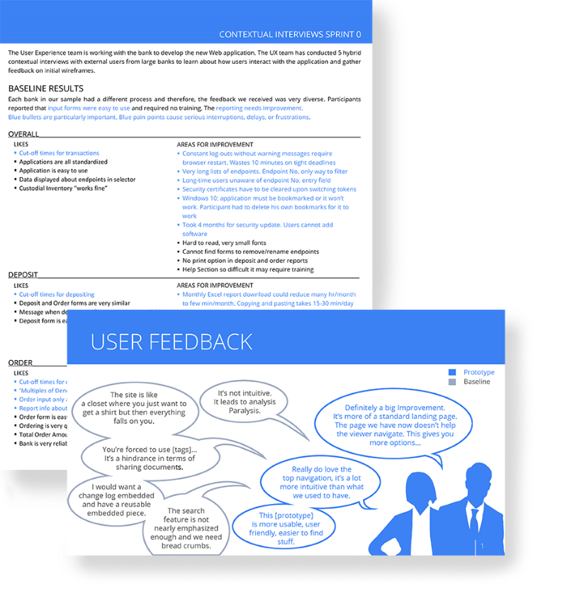 Sample of a summary report and user feedback slide from a power-point final report.